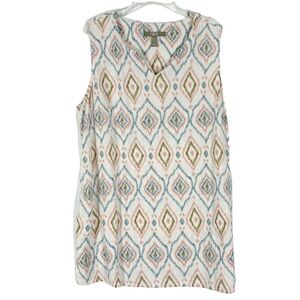 D&Co Sleeveless Linen Blend Blouse L Ikat Batik Print Boho Indie Retro Folk